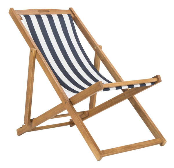Safavieh LOREN Sling Chair - Contemporary Foldable Outdoor Seating with Durable Eucalyptus Wood Frame and Cushion Natural / Navy Stripe PAT7040A-SET2