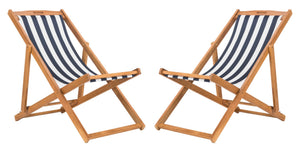 Safavieh LOREN Sling Chair - Contemporary Foldable Outdoor Seating with Durable Eucalyptus Wood Frame and Cushion Natural / Navy Stripe PAT7040A-SET2