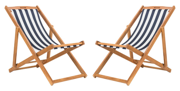 Safavieh LOREN Sling Chair - Contemporary Foldable Outdoor Seating with Durable Eucalyptus Wood Frame and Cushion Natural / Navy Stripe PAT7040A-SET2