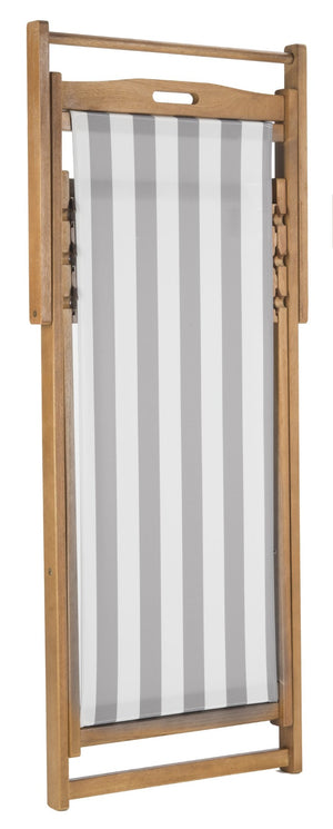 Safavieh LOREN Sling Chair - Contemporary Foldable Outdoor Seating with Durable Eucalyptus Wood Frame and Cushion Natural / Grey Stripe PAT7040B-SET2
