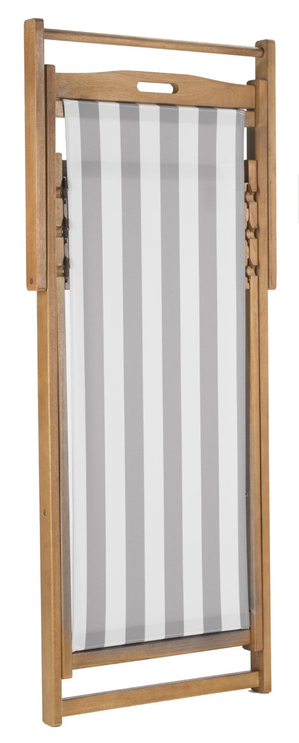 Safavieh LOREN Sling Chair - Contemporary Foldable Outdoor Seating with Durable Eucalyptus Wood Frame and Cushion Natural / Grey Stripe PAT7040B-SET2