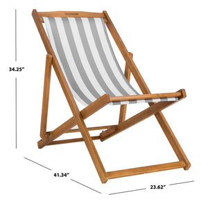 Safavieh LOREN Sling Chair - Contemporary Foldable Outdoor Seating with Durable Eucalyptus Wood Frame and Cushion Natural / Grey Stripe PAT7040B-SET2