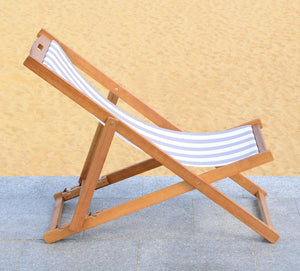 Safavieh LOREN Sling Chair - Contemporary Foldable Outdoor Seating with Durable Eucalyptus Wood Frame and Cushion Natural / Grey Stripe PAT7040B-SET2