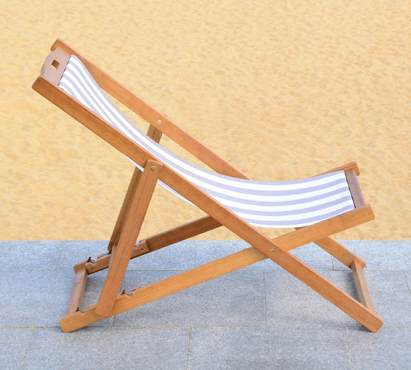 Safavieh LOREN Sling Chair - Contemporary Foldable Outdoor Seating with Durable Eucalyptus Wood Frame and Cushion Natural / Grey Stripe PAT7040B-SET2