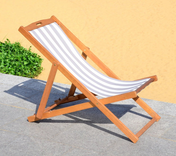 Safavieh LOREN Sling Chair - Contemporary Foldable Outdoor Seating with Durable Eucalyptus Wood Frame and Cushion Natural / Grey Stripe PAT7040B-SET2