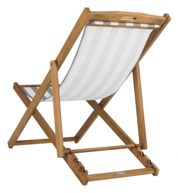Safavieh LOREN Sling Chair - Contemporary Foldable Outdoor Seating with Durable Eucalyptus Wood Frame and Cushion Natural / Grey Stripe PAT7040B-SET2