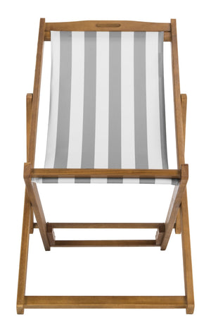 Safavieh LOREN Sling Chair - Contemporary Foldable Outdoor Seating with Durable Eucalyptus Wood Frame and Cushion Natural / Grey Stripe PAT7040B-SET2