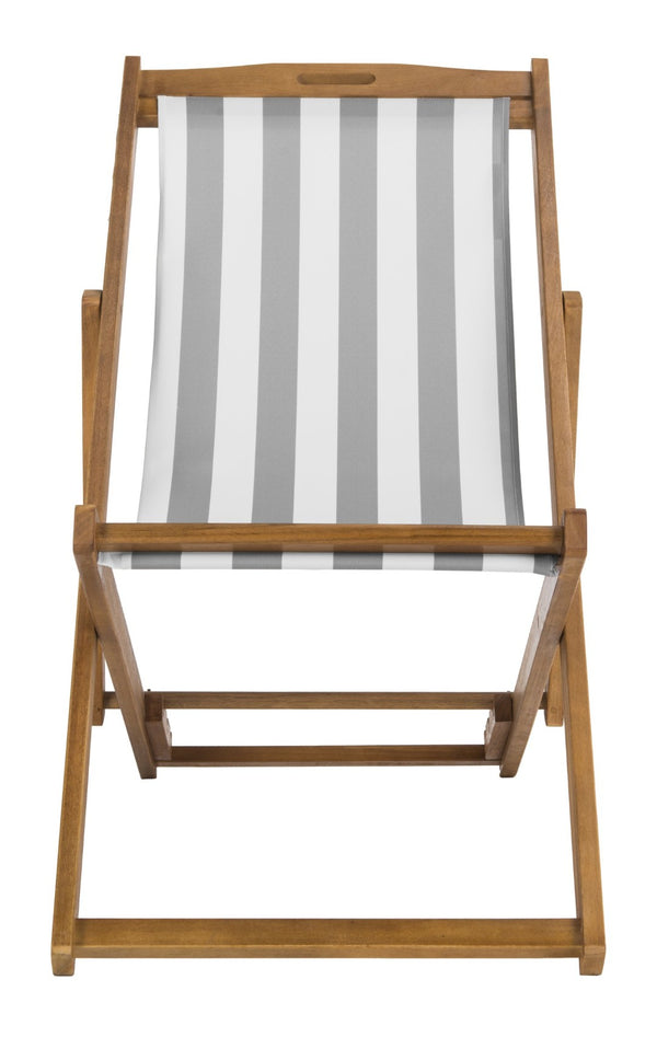 Safavieh LOREN Sling Chair - Contemporary Foldable Outdoor Seating with Durable Eucalyptus Wood Frame and Cushion Natural / Grey Stripe PAT7040B-SET2