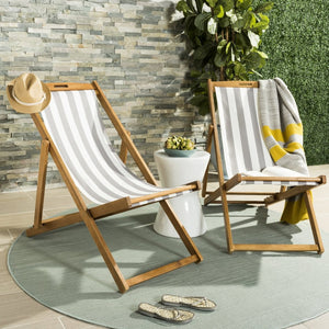 Safavieh LOREN Sling Chair - Contemporary Foldable Outdoor Seating with Durable Eucalyptus Wood Frame and Cushion Natural / Grey Stripe PAT7040B-SET2