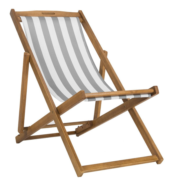 Safavieh LOREN Sling Chair - Contemporary Foldable Outdoor Seating with Durable Eucalyptus Wood Frame and Cushion Natural / Grey Stripe PAT7040B-SET2
