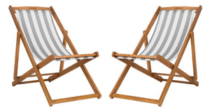 Safavieh LOREN Sling Chair - Contemporary Foldable Outdoor Seating with Durable Eucalyptus Wood Frame and Cushion Natural / Grey Stripe PAT7040B-SET2