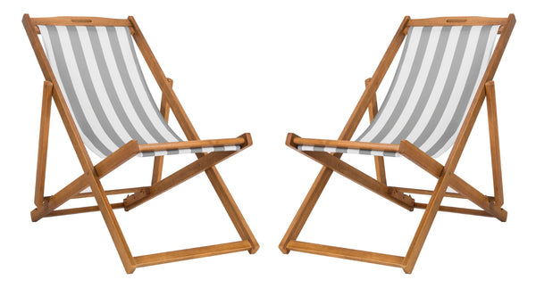 Safavieh LOREN Sling Chair - Contemporary Foldable Outdoor Seating with Durable Eucalyptus Wood Frame and Cushion Natural / Grey Stripe PAT7040B-SET2
