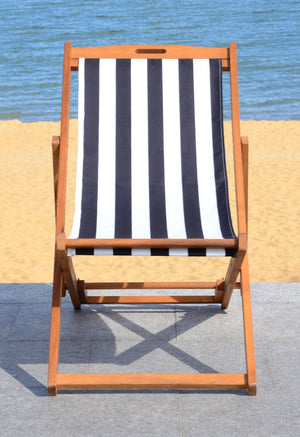 Safavieh LOREN Sling Chair - Contemporary Foldable Outdoor Seating with Durable Eucalyptus Wood Frame and Cushion Natural / Black Stripe PAT7040C-SET2