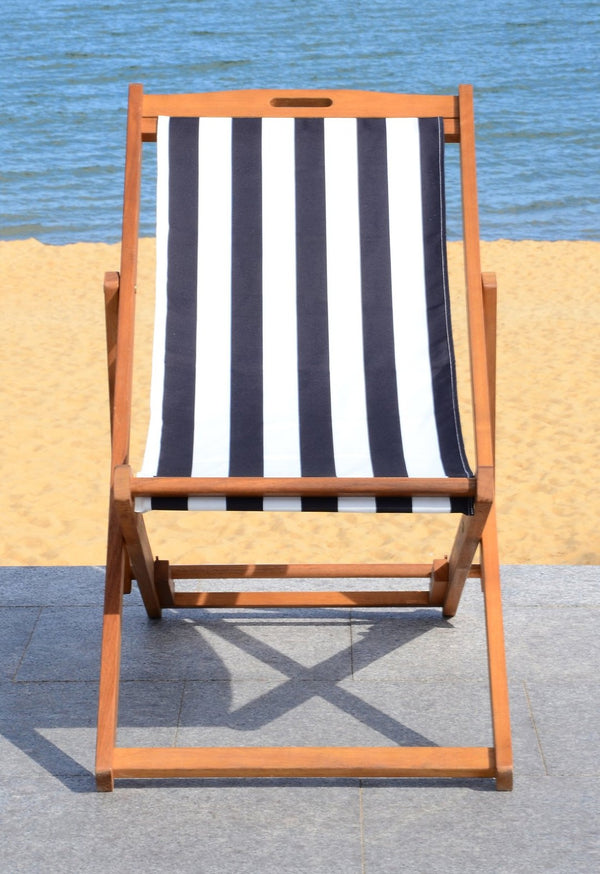 Safavieh LOREN Sling Chair - Contemporary Foldable Outdoor Seating with Durable Eucalyptus Wood Frame and Cushion Natural / Black Stripe PAT7040C-SET2