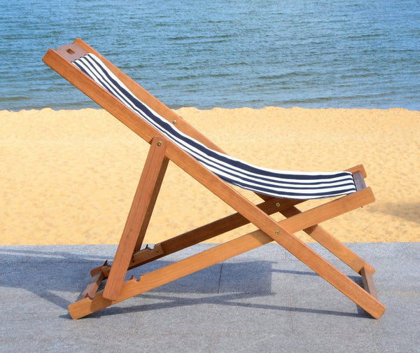 Safavieh LOREN Sling Chair - Contemporary Foldable Outdoor Seating with Durable Eucalyptus Wood Frame and Cushion Natural / Black Stripe PAT7040C-SET2