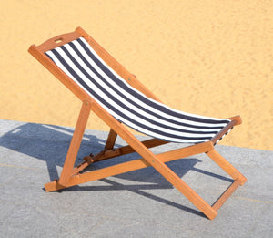 Safavieh LOREN Sling Chair - Contemporary Foldable Outdoor Seating with Durable Eucalyptus Wood Frame and Cushion Natural / Black Stripe PAT7040C-SET2