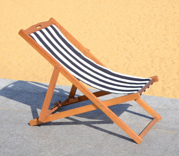 Safavieh LOREN Sling Chair - Contemporary Foldable Outdoor Seating with Durable Eucalyptus Wood Frame and Cushion Natural / Black Stripe PAT7040C-SET2