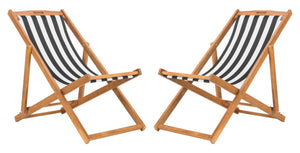 Safavieh LOREN Sling Chair - Contemporary Foldable Outdoor Seating with Durable Eucalyptus Wood Frame and Cushion Natural / Black Stripe PAT7040C-SET2