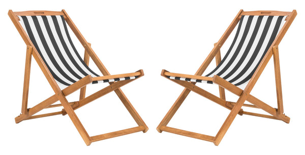 Safavieh LOREN Sling Chair - Contemporary Foldable Outdoor Seating with Durable Eucalyptus Wood Frame and Cushion Natural / Black Stripe PAT7040C-SET2