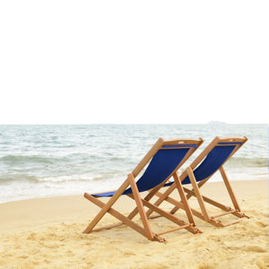 Safavieh LOREN Sling Chair - Modern Eucalyptus Design with Breathable Cushion for Stylish Outdoor Relaxation Natural / Navy PAT7040D-SET2