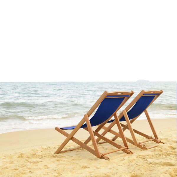 Safavieh LOREN Sling Chair - Modern Eucalyptus Design with Breathable Cushion for Stylish Outdoor Relaxation Natural / Navy PAT7040D-SET2
