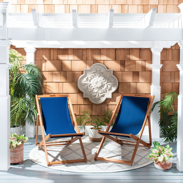 Safavieh LOREN Sling Chair - Modern Eucalyptus Design with Breathable Cushion for Stylish Outdoor Relaxation Natural / Navy PAT7040D-SET2