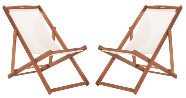 Safavieh LOREN Sling Chair - Modern Eucalyptus Design with Breathable Cushion for Stylish Outdoor Relaxation Natural / Beige PAT7040E-SET2