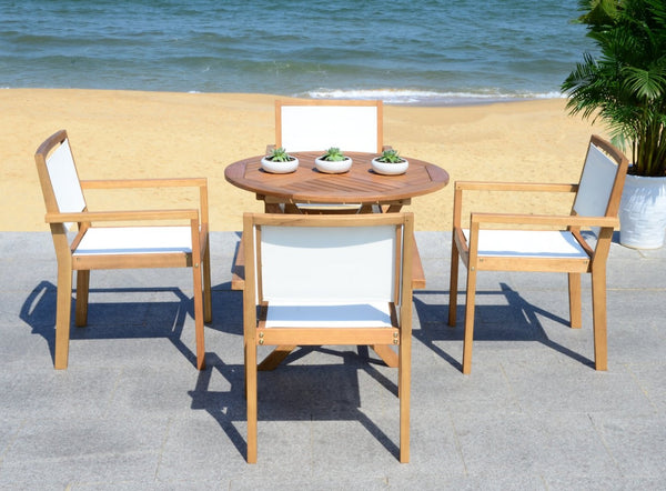 Safavieh CHANTE 5-Piece Round Dining Set - Timeless Natural Wood & Beige Upholstered Chairs for Outdoor Bliss PAT7041A