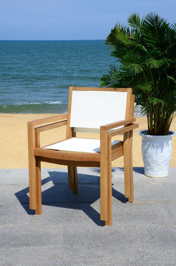Safavieh CHANTE 5-Piece Round Dining Set - Timeless Natural Wood & Beige Upholstered Chairs for Outdoor Bliss PAT7041A