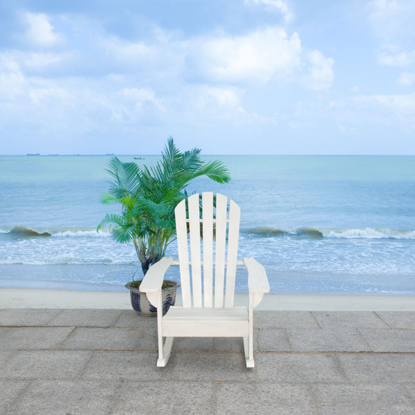 Safavieh BRIZIO Adirondack Rocking Chair – Timeless Outdoor Comfort with Durable Eucalyptus Construction White PAT7042C