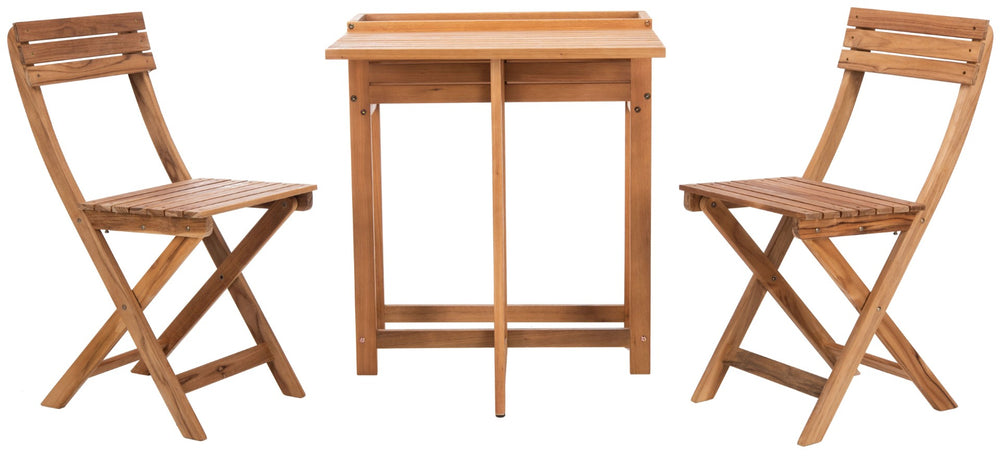 Safavieh WALTEN Flower Shelf Bistro Set – 3-Piece Outdoor Furniture with Teak & Eucalyptus for Cozy Spaces PAT7046A