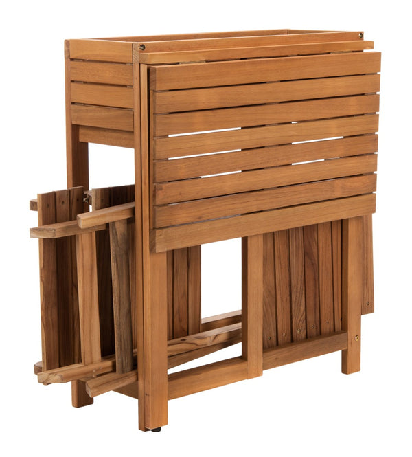 Safavieh WALTEN Flower Shelf Bistro Set – 3-Piece Outdoor Furniture with Teak & Eucalyptus for Cozy Spaces PAT7046A