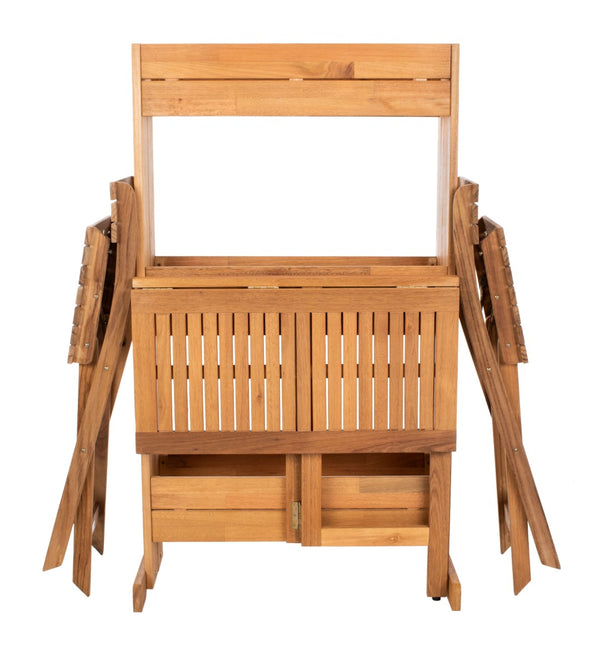 Safavieh BARLEY Flower Shelf Bistro Set - 3 PC Outdoor Furniture in Natural Teak & Eucalyptus for Small Spaces PAT7047A