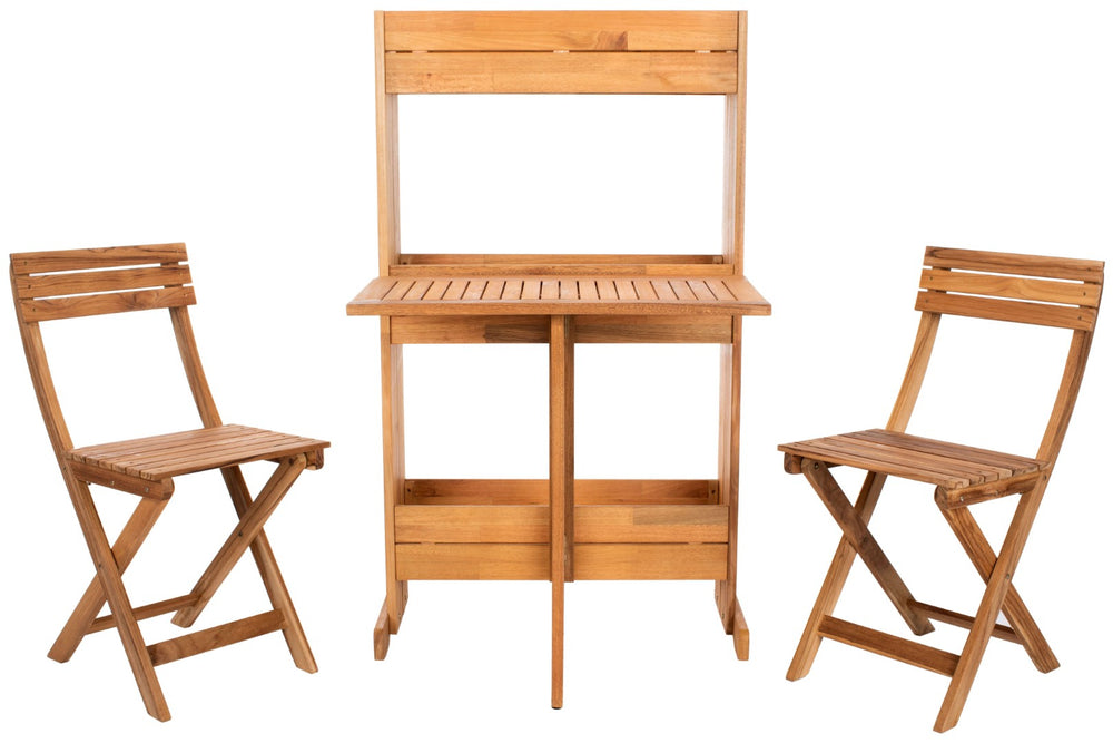 Safavieh BARLEY Flower Shelf Bistro Set - 3 PC Outdoor Furniture in Natural Teak & Eucalyptus for Small Spaces PAT7047A