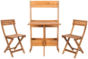 Safavieh BARLEY Flower Shelf Bistro Set - 3 PC Outdoor Furniture in Natural Teak & Eucalyptus for Small Spaces PAT7047A