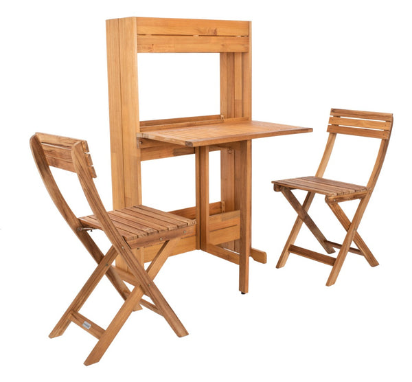 Safavieh BARLEY Flower Shelf Bistro Set - 3 PC Outdoor Furniture in Natural Teak & Eucalyptus for Small Spaces PAT7047A