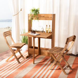 Safavieh BARLEY Flower Shelf Bistro Set - 3 PC Outdoor Furniture in Natural Teak & Eucalyptus for Small Spaces PAT7047A