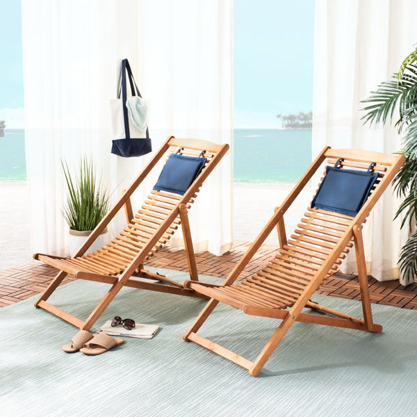Safavieh RENDI Relax Chair - Elegant Outdoor Lounge Seat with Eucalyptus Frame and Comfortable Navy Pillow Natural / Navy PAT7048A-SET2