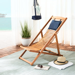 Safavieh RENDI Relax Chair - Elegant Outdoor Lounge Seat with Eucalyptus Frame and Comfortable Navy Pillow Natural / Navy PAT7048A-SET2
