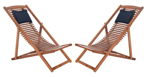 Safavieh RENDI Relax Chair - Elegant Outdoor Lounge Seat with Eucalyptus Frame and Comfortable Navy Pillow Natural / Navy PAT7048A-SET2