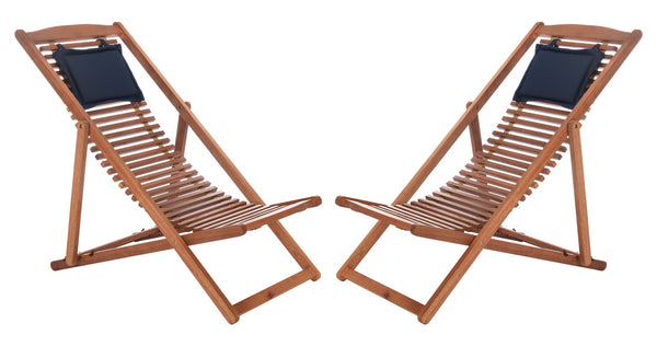 Safavieh RENDI Relax Chair - Elegant Outdoor Lounge Seat with Eucalyptus Frame and Comfortable Navy Pillow Natural / Navy PAT7048A-SET2