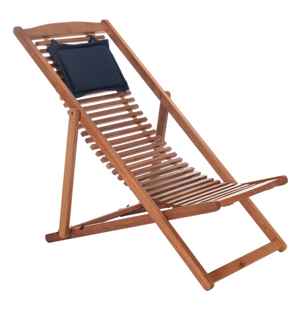 Safavieh RENDI Relax Chair - Elegant Outdoor Lounge Seat with Eucalyptus Frame and Comfortable Navy Pillow Natural / Navy PAT7048A-SET2