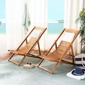 Safavieh RENDI Relax Chair - Elegant Outdoor Lounge Seat with Eucalyptus Frame and Comfortable Navy Pillow Natural / Beige PAT7048B-SET2