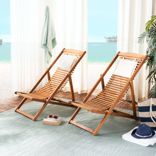 Safavieh RENDI Relax Chair - Elegant Outdoor Lounge Seat with Eucalyptus Frame and Comfortable Navy Pillow Natural / Beige PAT7048B-SET2
