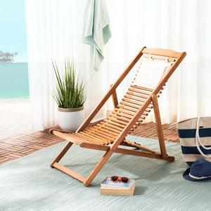 Safavieh RENDI Relax Chair - Elegant Outdoor Lounge Seat with Eucalyptus Frame and Comfortable Navy Pillow Natural / Beige PAT7048B-SET2