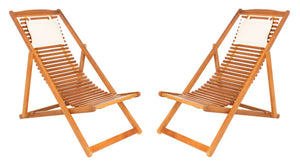 Safavieh RENDI Relax Chair - Elegant Outdoor Lounge Seat with Eucalyptus Frame and Comfortable Navy Pillow Natural / Beige PAT7048B-SET2