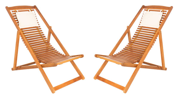 Safavieh RENDI Relax Chair - Elegant Outdoor Lounge Seat with Eucalyptus Frame and Comfortable Navy Pillow Natural / Beige PAT7048B-SET2