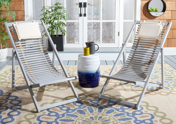 Safavieh RENDI Relax Chair - Elegant Outdoor Lounge Seat with Eucalyptus Frame and Comfortable Navy Pillow Grey / Beige PAT7048C-SET2