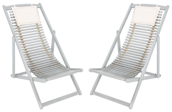 Safavieh RENDI Relax Chair - Elegant Outdoor Lounge Seat with Eucalyptus Frame and Comfortable Navy Pillow Grey / Beige PAT7048C-SET2