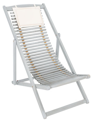 Safavieh RENDI Relax Chair - Elegant Outdoor Lounge Seat with Eucalyptus Frame and Comfortable Navy Pillow Grey / Beige PAT7048C-SET2